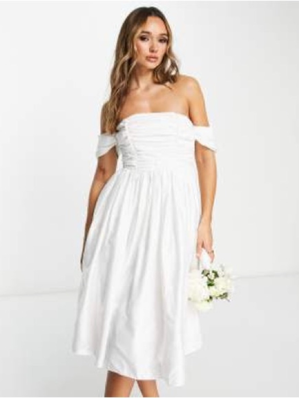 Elegant Vintage Style Dress with Draped Bodice & Off the Shoulder Sleeves